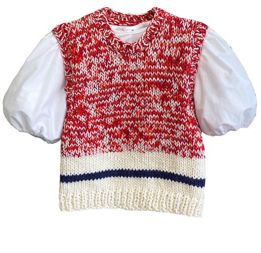 Chunky Knit Vest - red /cream with blue stripe